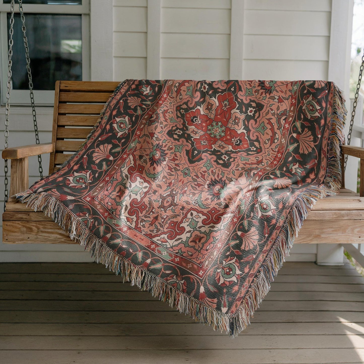 Anatolian Inspired woven wall tapestry with rug-style pattern styled as textile wall decor