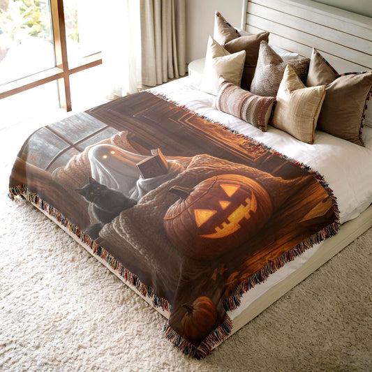Ghost Woven Blanket – Cozy Fall Cotton Throw with Black Cat Pumpkin Design