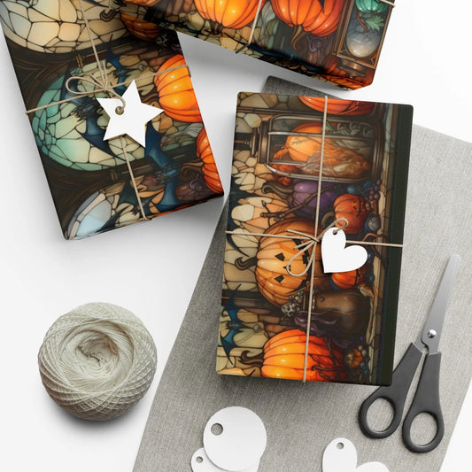Halloween Gift Wrap Paper - Spooky Stain Glass Pumpkin & Creepy Bat Design