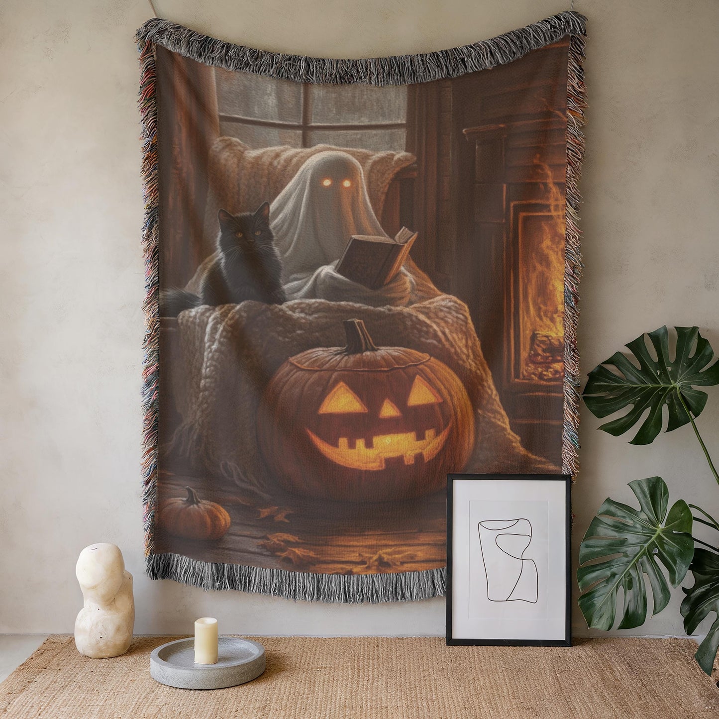 Halloween Wall Decor - Cozy Ghost Wall Hanging With Black Cat Pumpkin Art