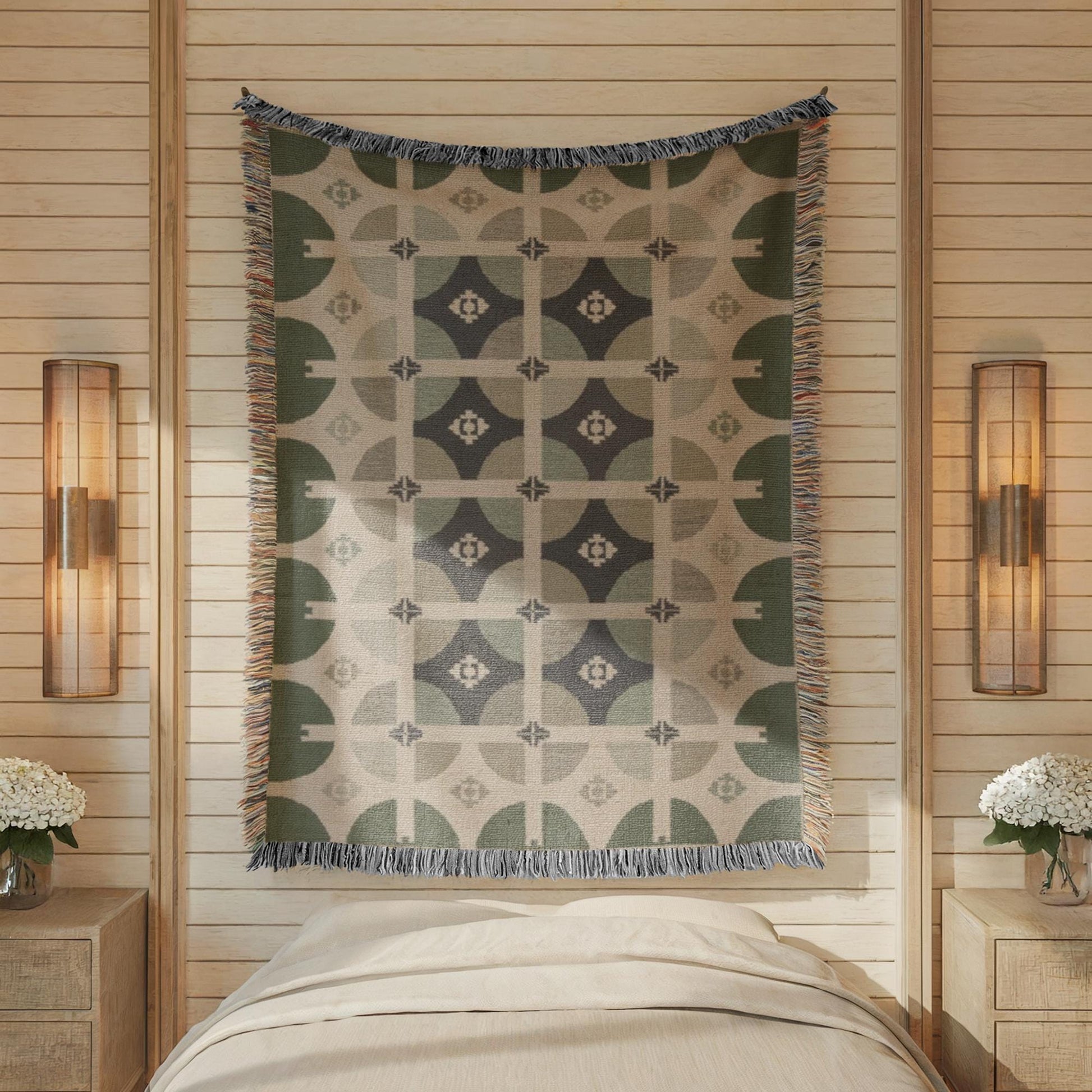 Woven Tapestry Wall Hanging - Mid Century Modern Green Beige Geometric Textile Art