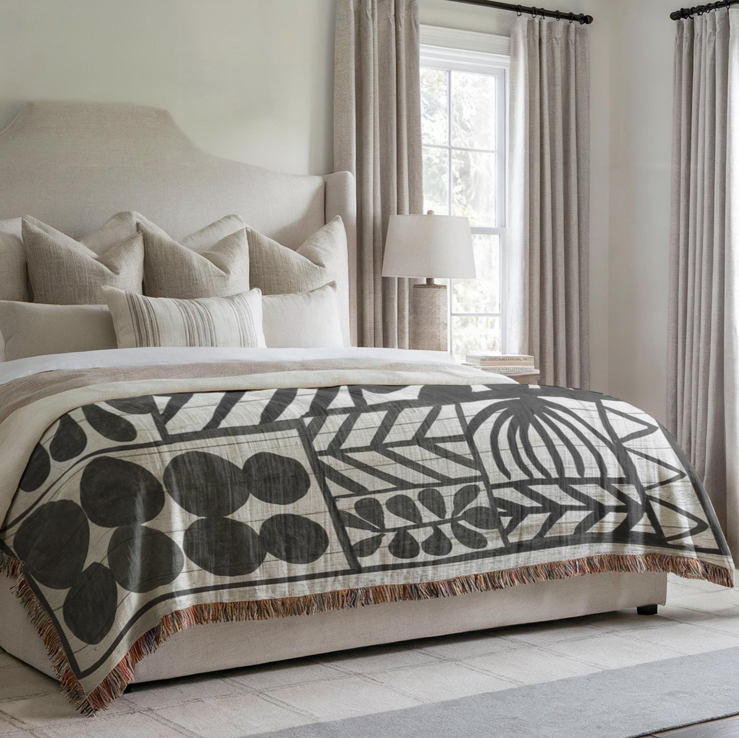 Modern Geometric woven blanket with geometric pattern styled for layered home decor