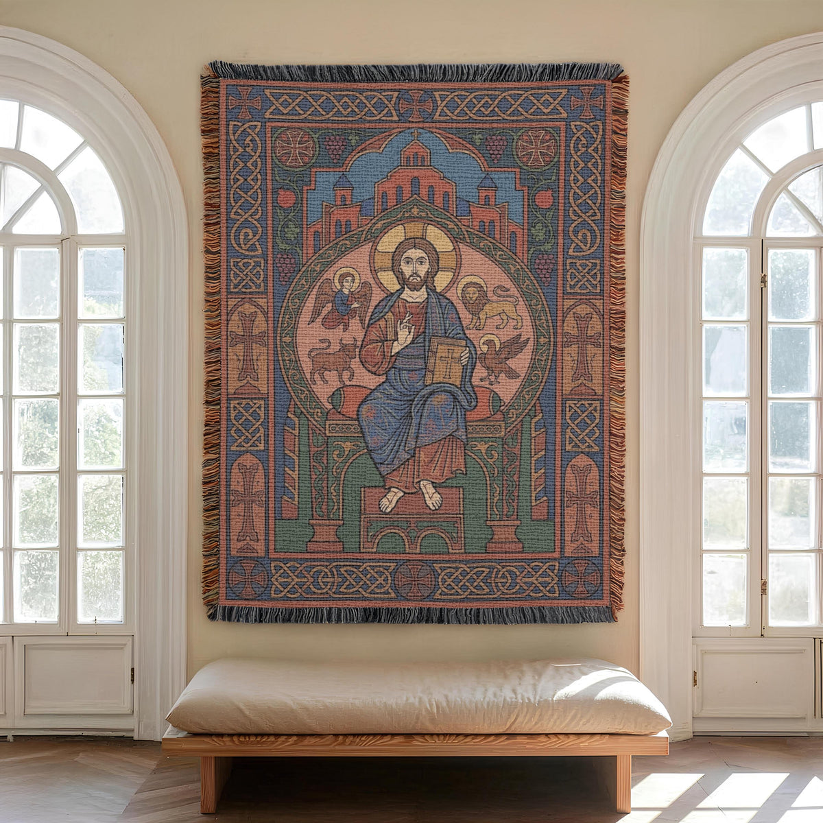 Christ Pantocrator wall tapestry between two arched windows above a cushioned bench