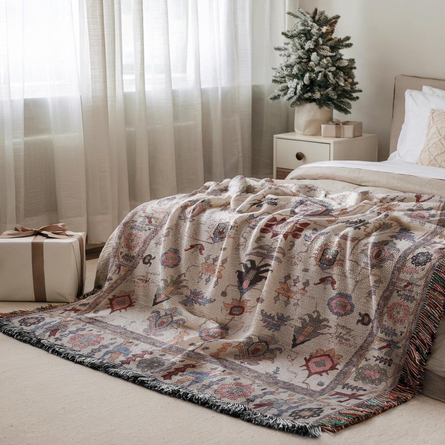 Anatolian Inspired woven blanket with rug-style pattern styled for layered home decor