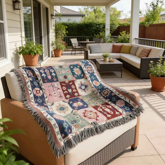 Anatolian Inspired outdoor woven throw blanket with floral pattern for patio styling