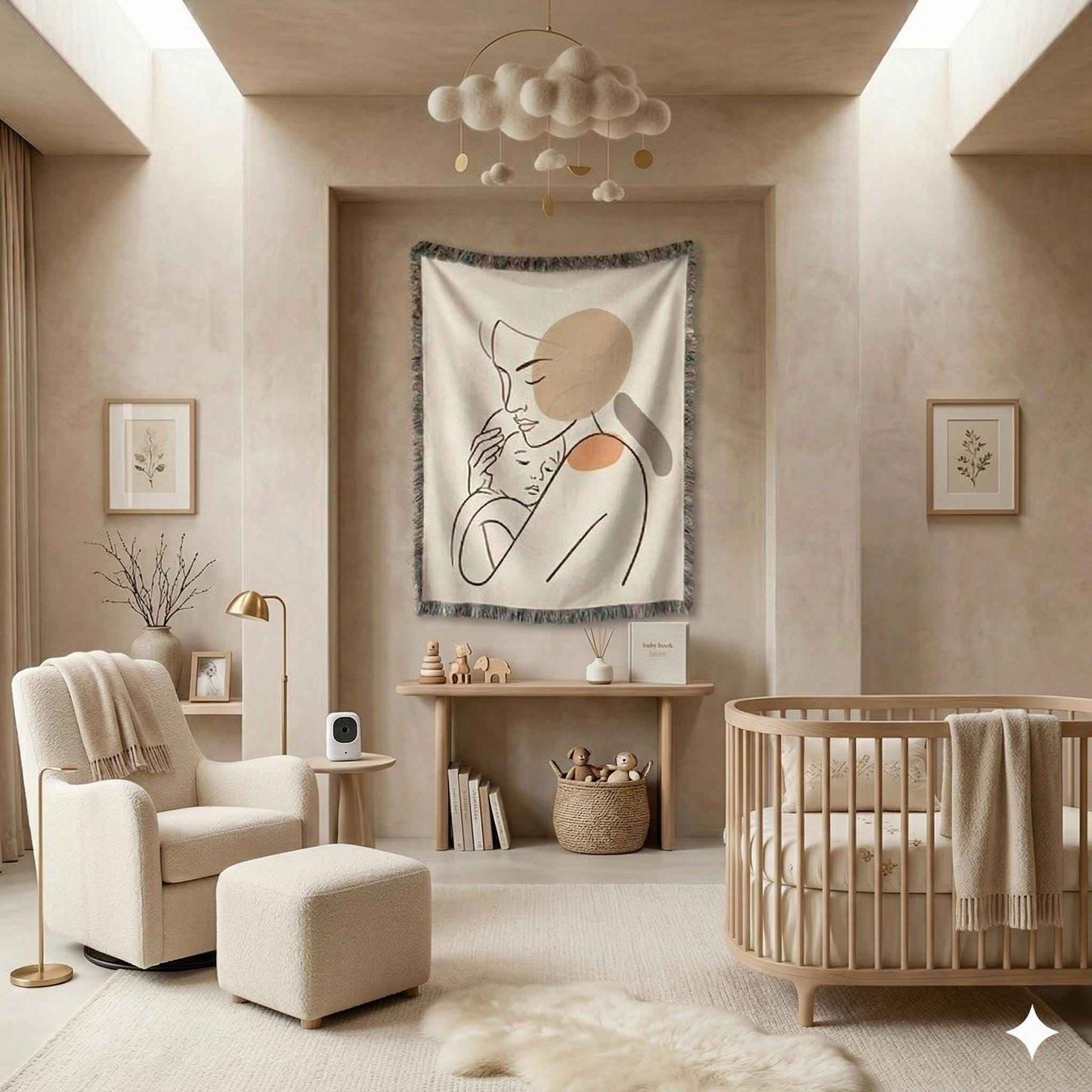 Modern Geometric woven wall tapestry with geometric pattern styled as textile wall decor
