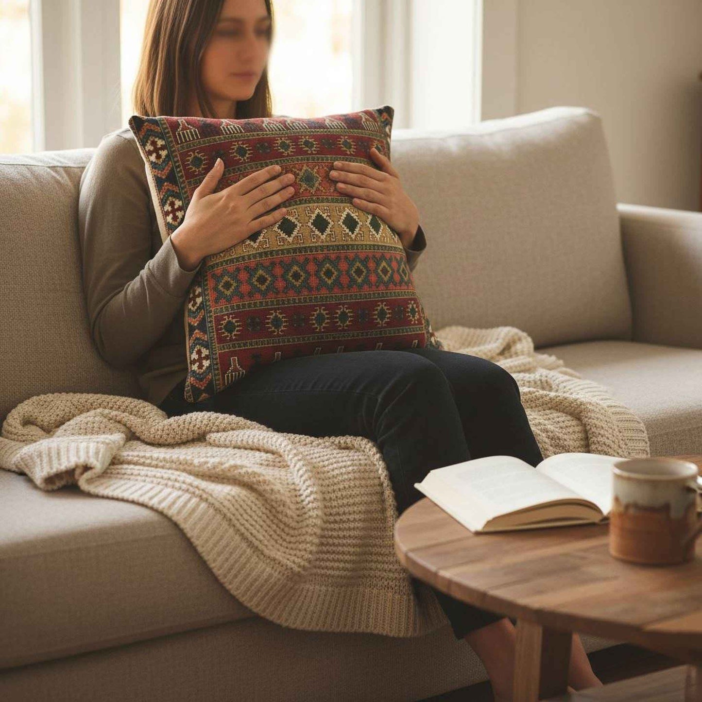 Anatolian Inspired pillow cover with rug-style pattern styled on a sofa or bed