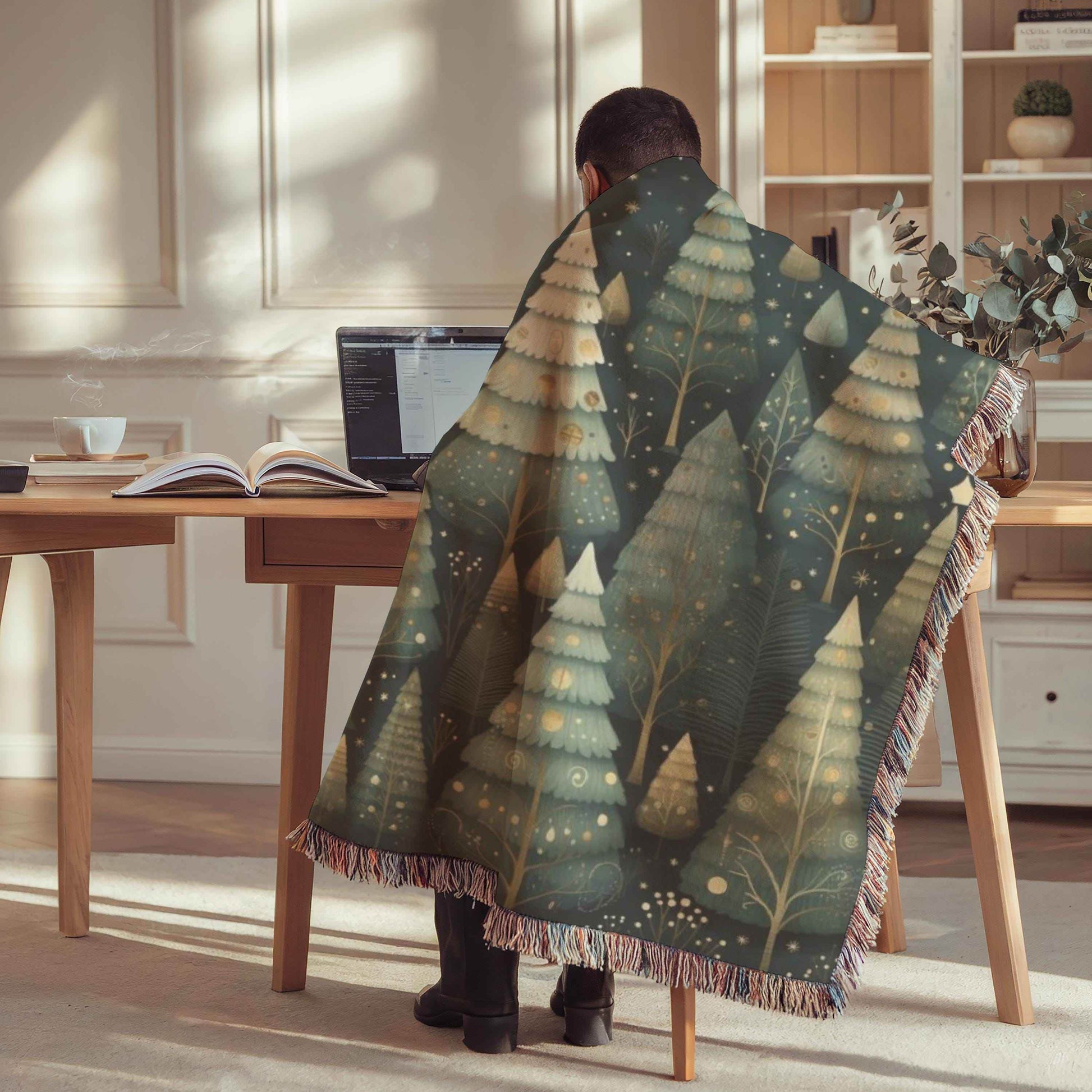 Forestcore Christmas Blanket - Festive Office Decor | Woven Cotton Throw with Fringed Edges - timelessbohochic.com