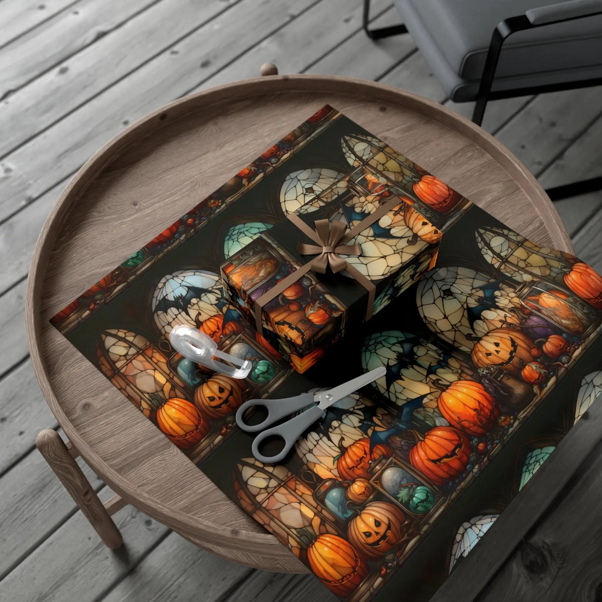 Halloween Gift Wrap Paper - Spooky Stain Glass Pumpkin & Creepy Bat Design