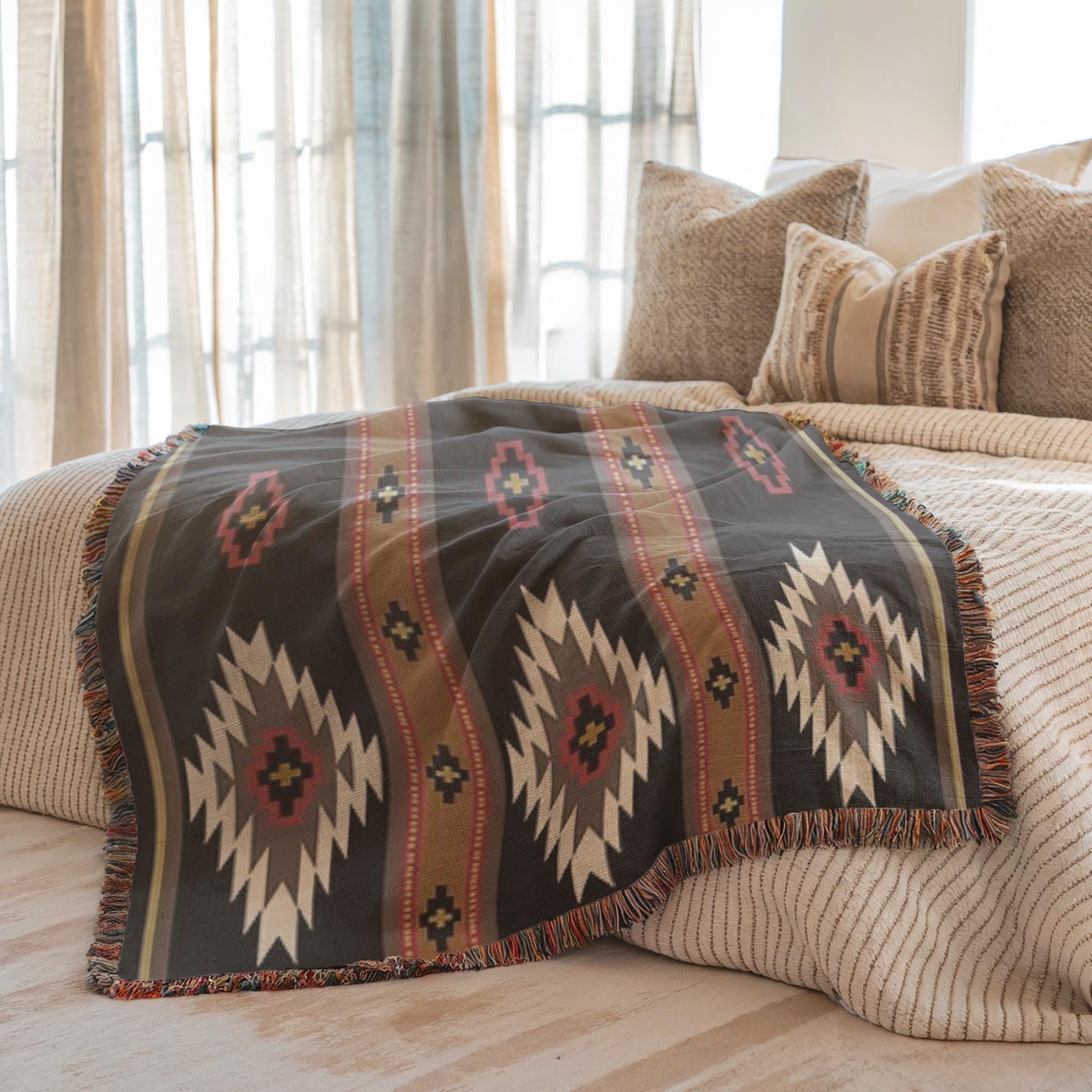 a cozy bedroom scene with a bed covered in a patterned blanket and pillows. The bed is positioned against a window with curtains, allowing natural light to fill the room. The overall atmosphere is warm and inviting, with the bed and window as the main focal points.