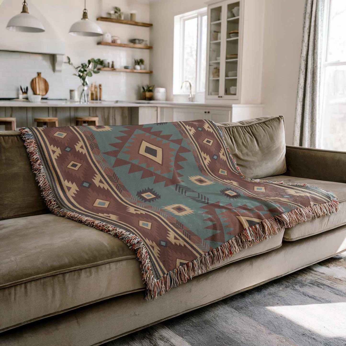 Southwestern woven blanket with geometric pattern styled for layered home decor