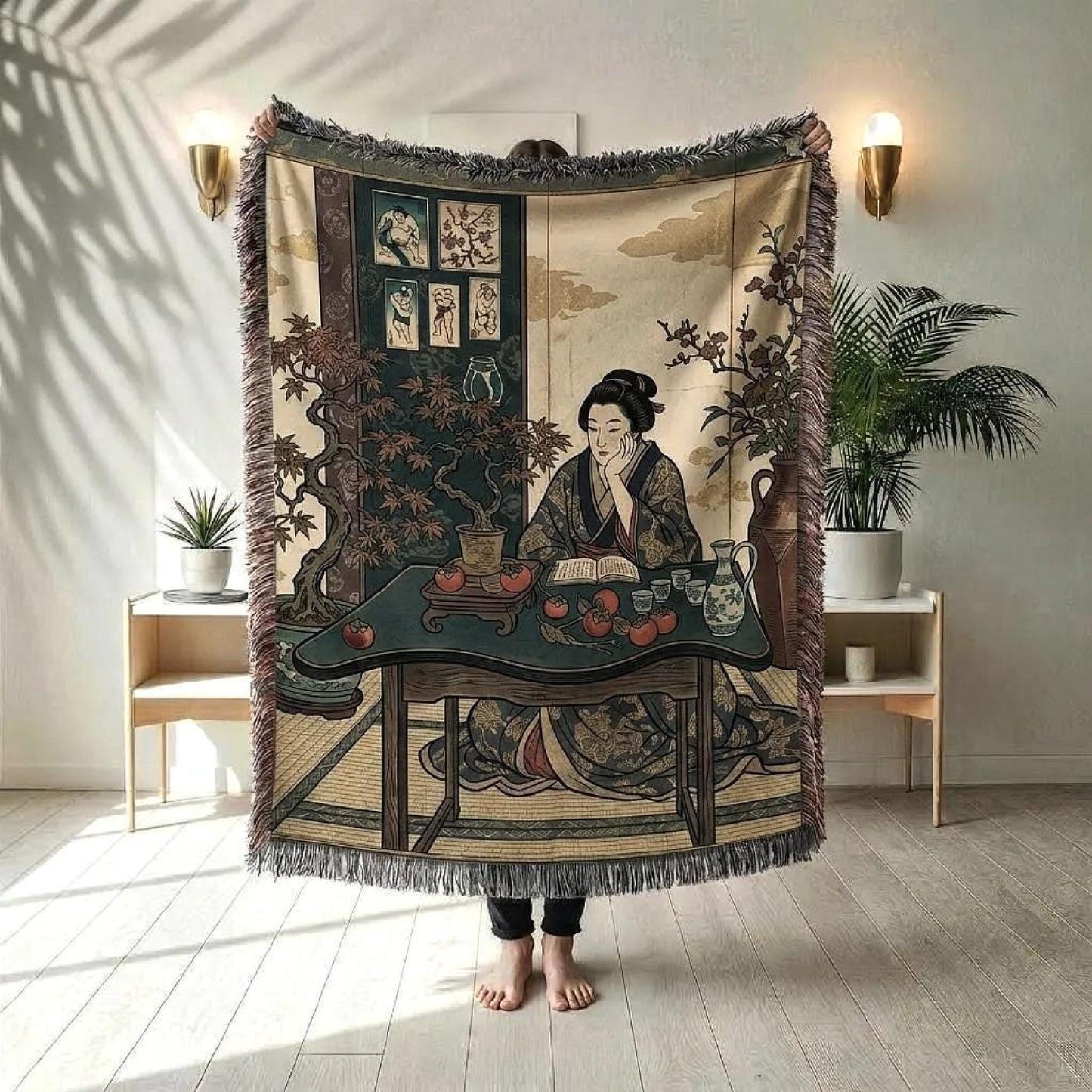 Boho woven blanket with woven pattern styled for layered home decor