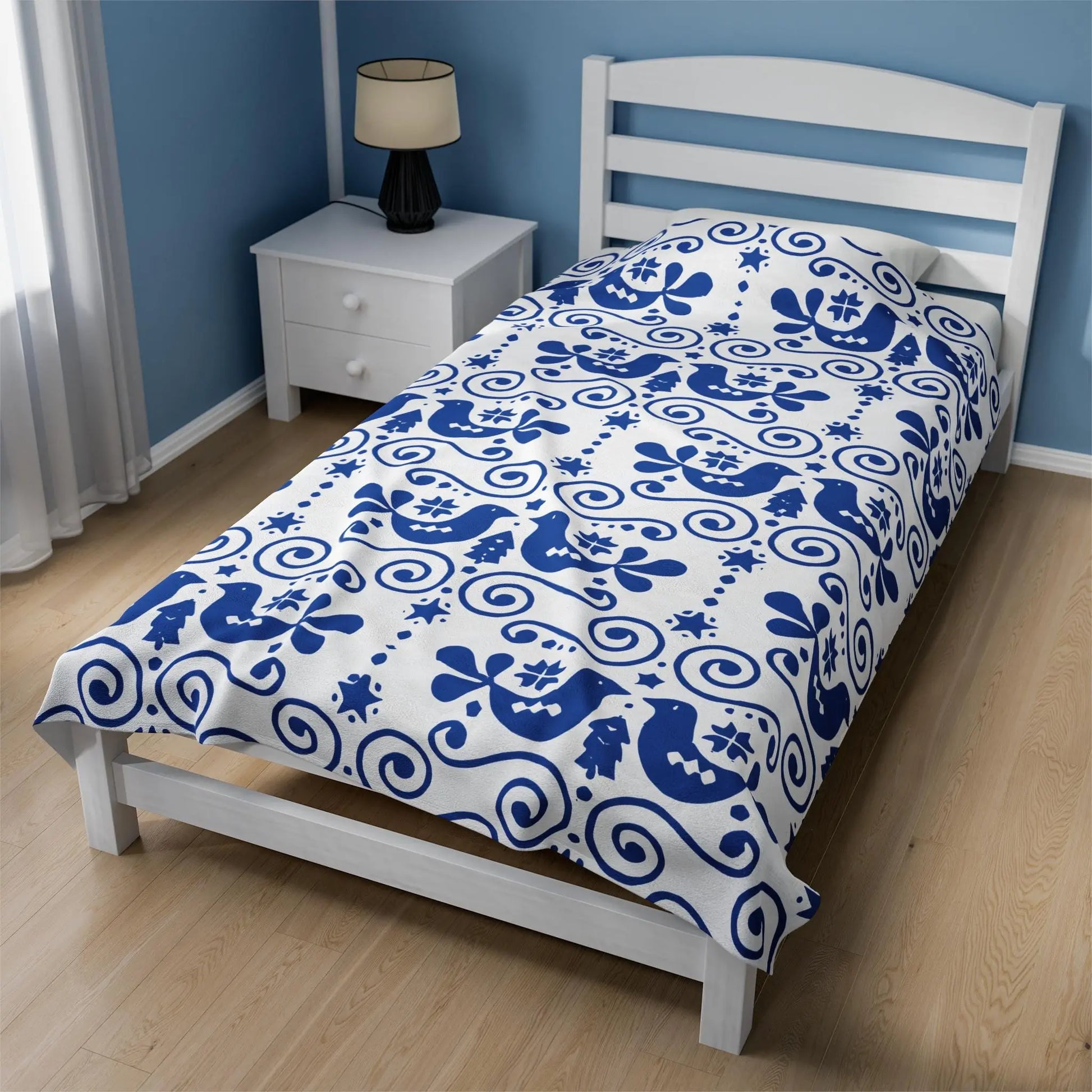 Velveteen Plush Blanket – Scandinavian Blue Bird Throw | Cozy Nordic Decor Gift