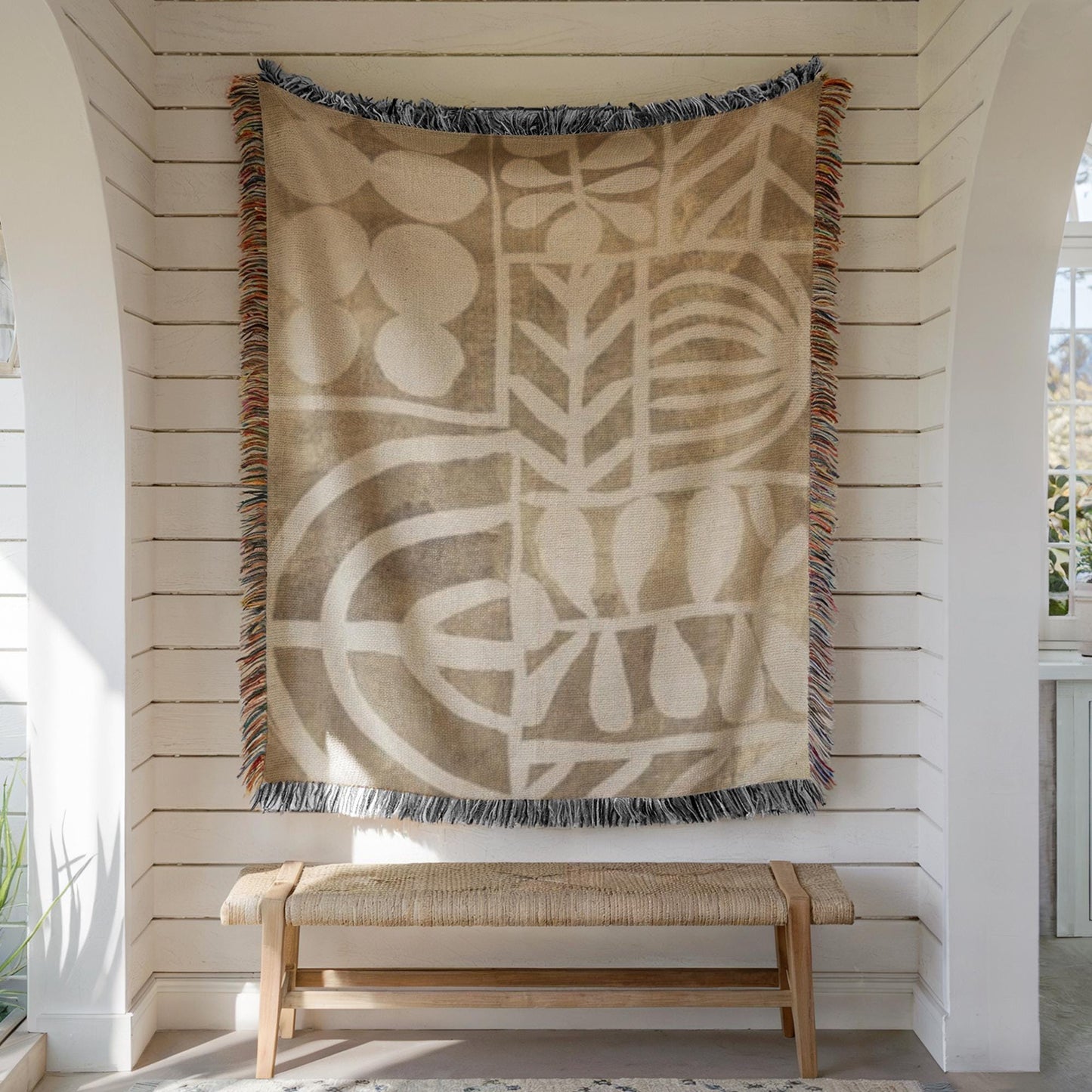 Modern Geometric woven wall tapestry with geometric pattern styled as textile wall decor