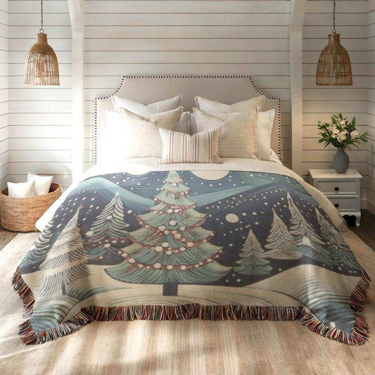 Festive Forest Blanket - Handwoven Cotton Throw With Christmas Tree Design | Cozy Winter Nights - timelessbohochic.com