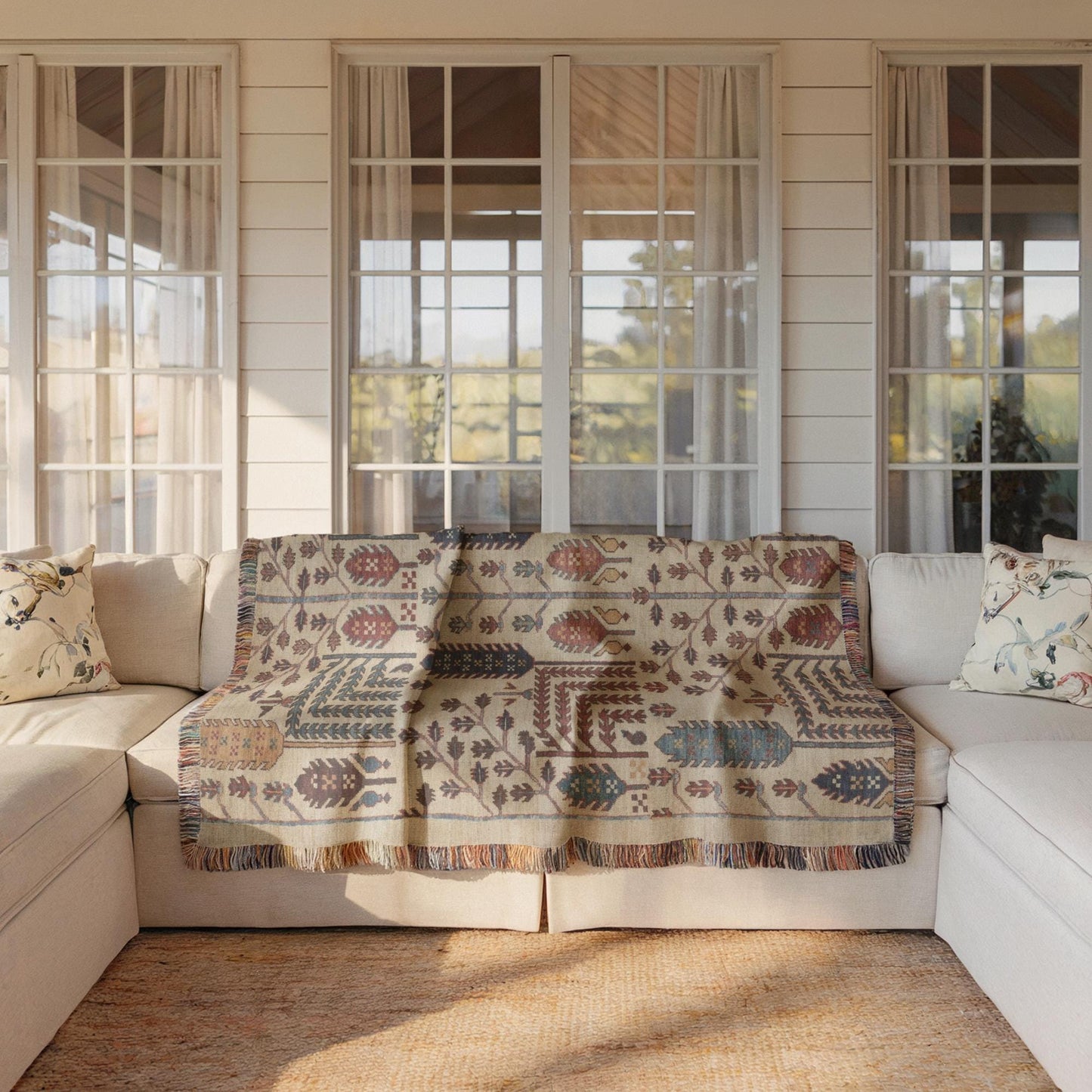Caucasian Rug Inspired woven blanket with geometric pattern styled for layered home decor