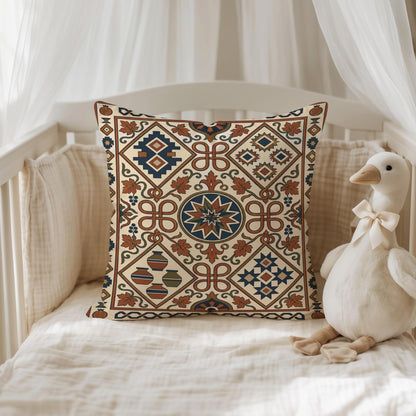 Kilim-style rust and teal pillow on a white bed beside a soft toy
