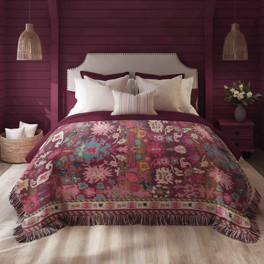 Caucasian Rug Inspired woven blanket with geometric pattern styled for layered home decor