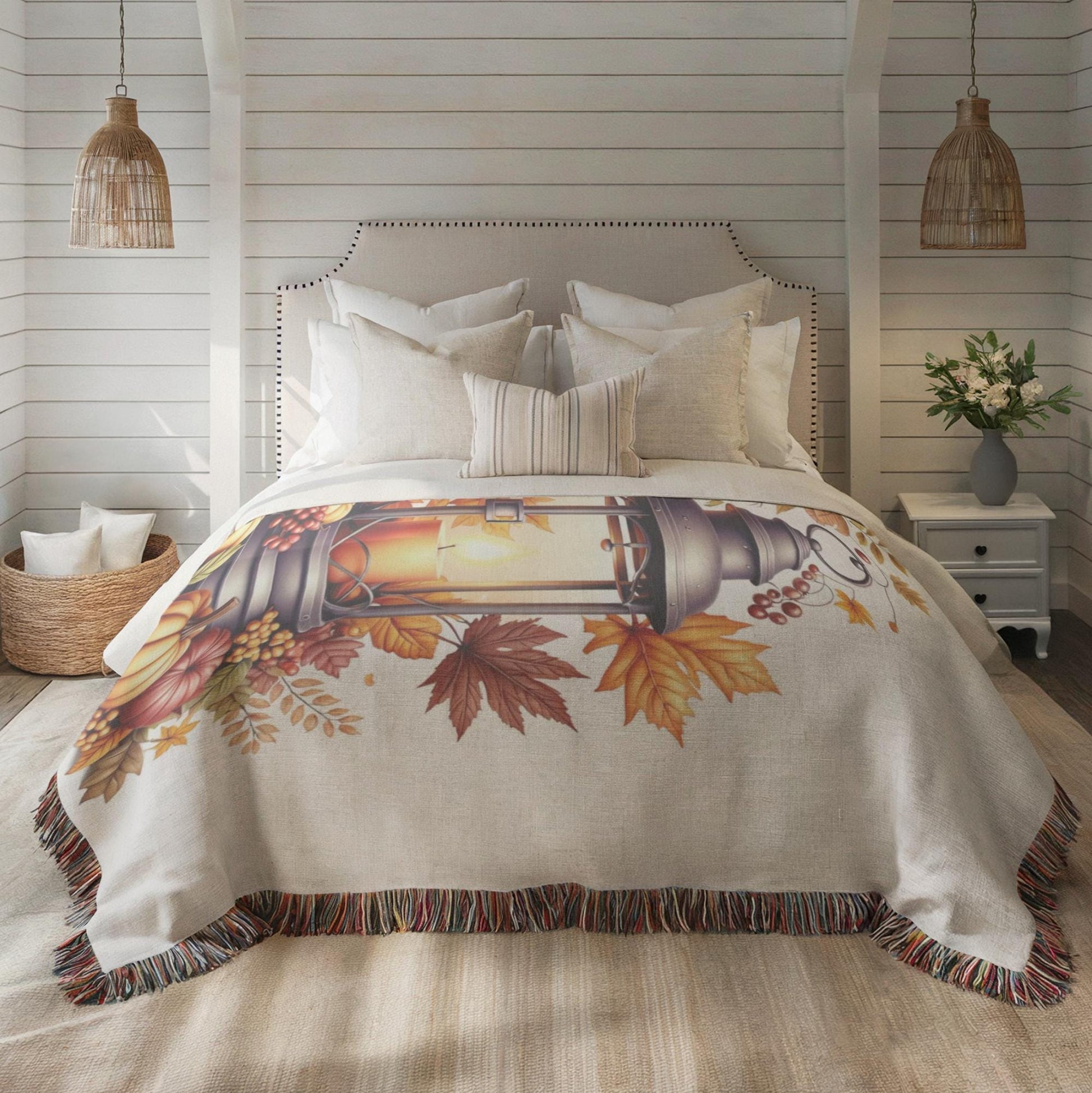 Fall Throw Blanket – Cozy Bedroom Throw with Pumpkin Decor & Lantern Autumn Design