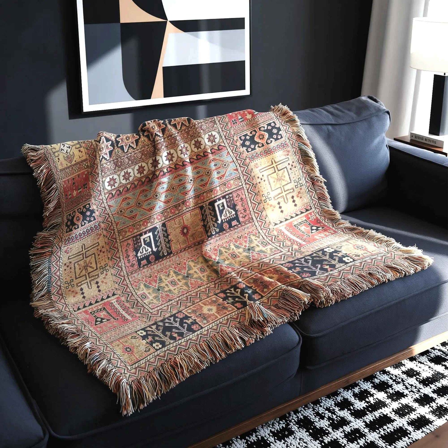Caucasian Rug Inspired woven blanket with geometric pattern styled for layered home decor