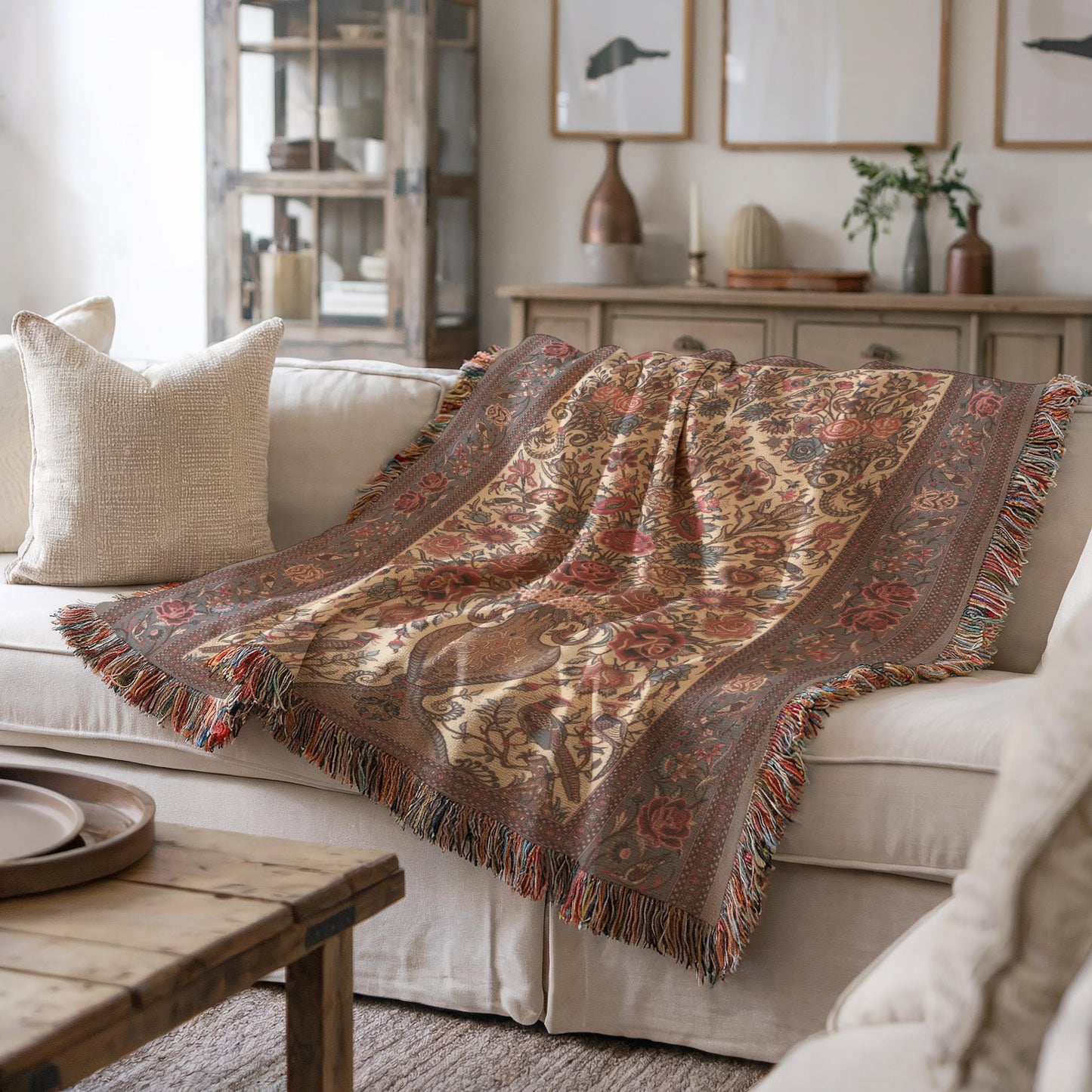 Moroccan Inspired woven blanket with floral pattern styled for layered home decor