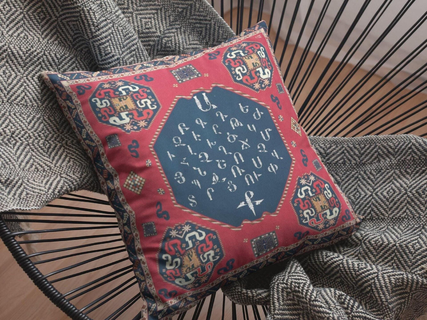 Modern Geometric pillow cover with geometric pattern styled on a sofa or bed