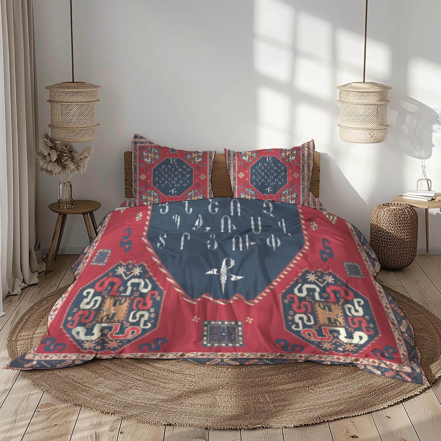 Armenian Alphabet Duvet - Personalized Traditional Bedding Set With Haykakan Ethnic Pattern - timelessbohochic.com