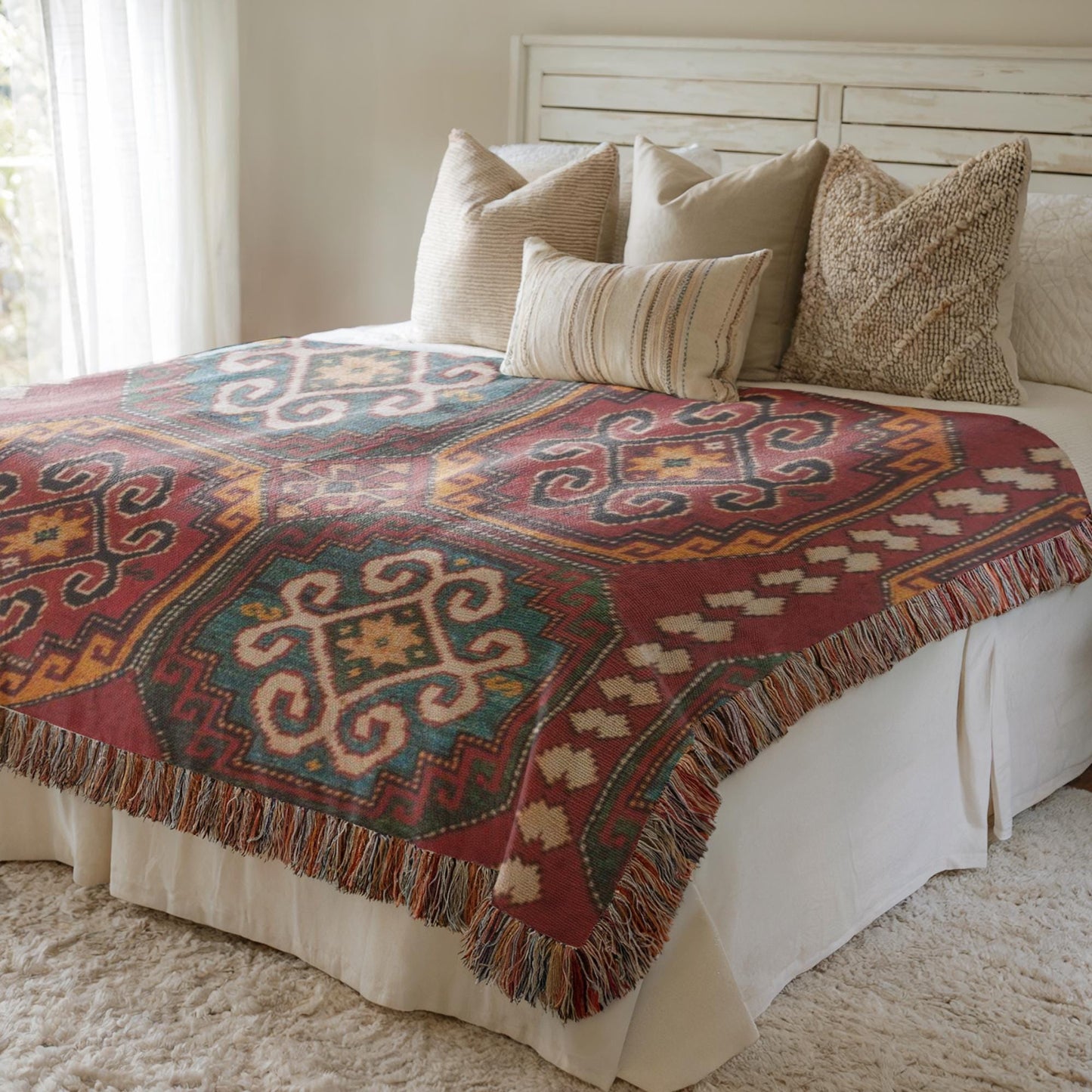 Anatolian Inspired woven blanket with rug-style pattern styled for layered home decor