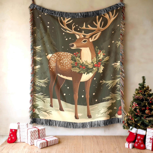 Christmas Woven Blanket – Cozy Winter Decor | Large Cotton Throw with Woodland Creature Design - timelessbohochic.com