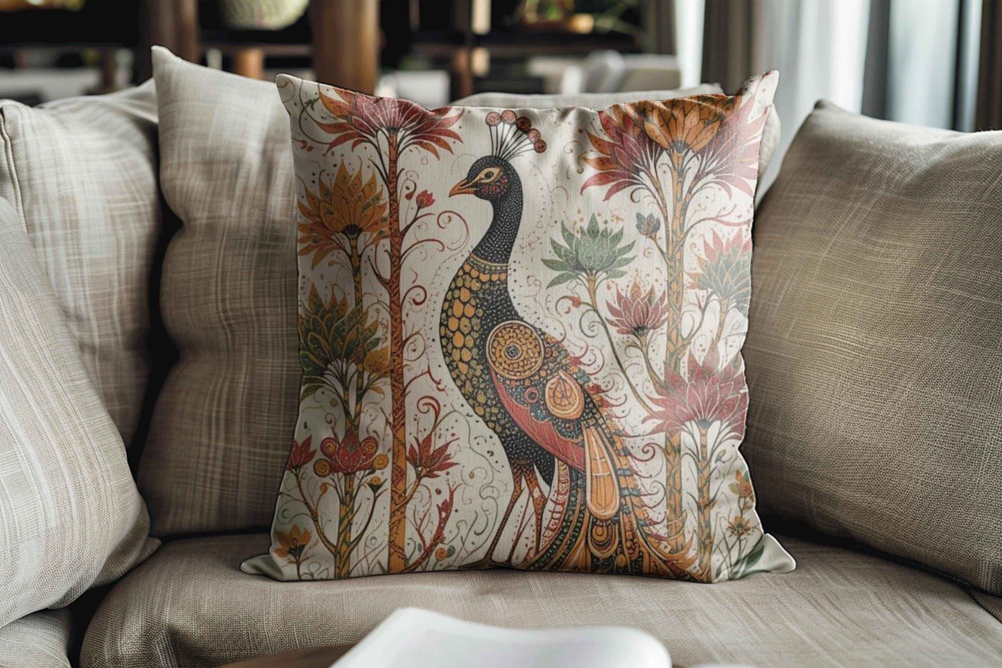 Moroccan Inspired pillow cover with woven pattern styled on a sofa or bed