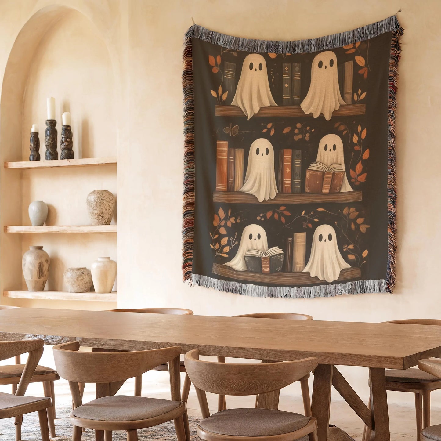 Halloween Tapestry Decor – Spooky Ghost Wall Art | Cozy Cotton Bookshelf Hanging