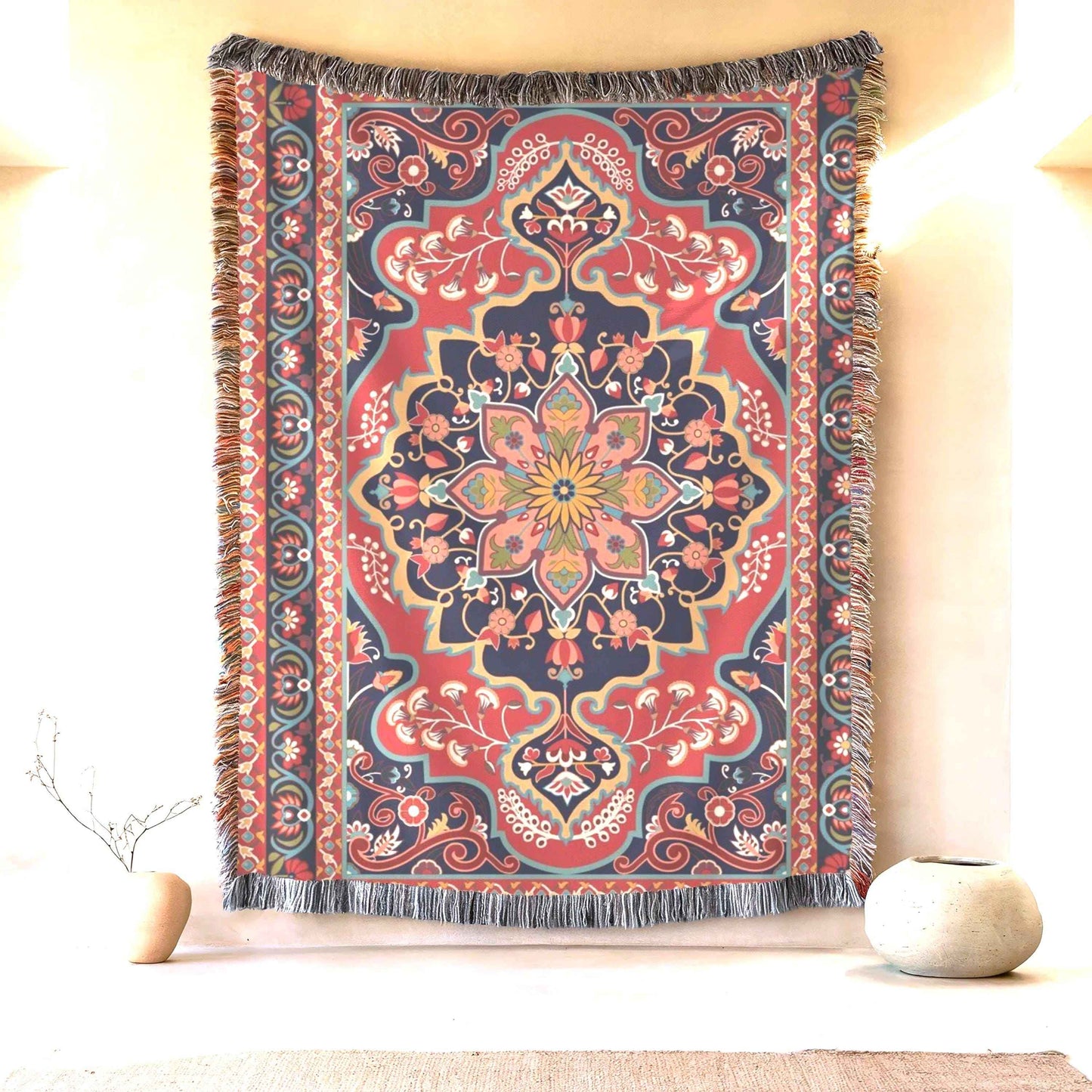 Anatolian Inspired throw pillow with rug-style pattern styled on a sofa or bed
