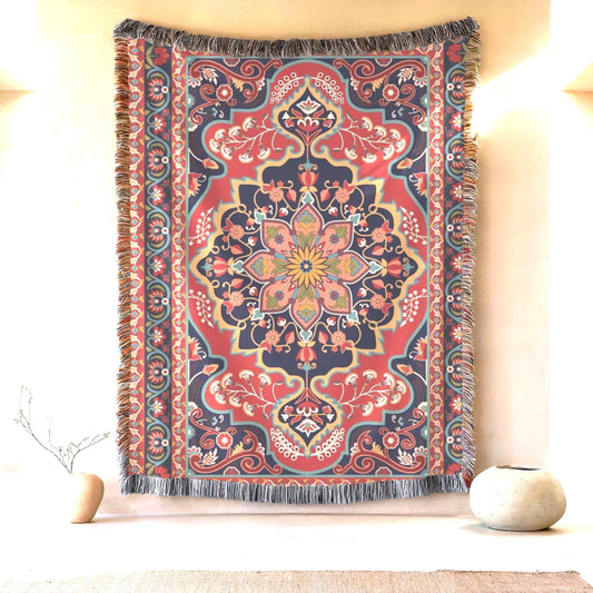 Anatolian Inspired throw pillow with rug-style pattern styled on a sofa or bed