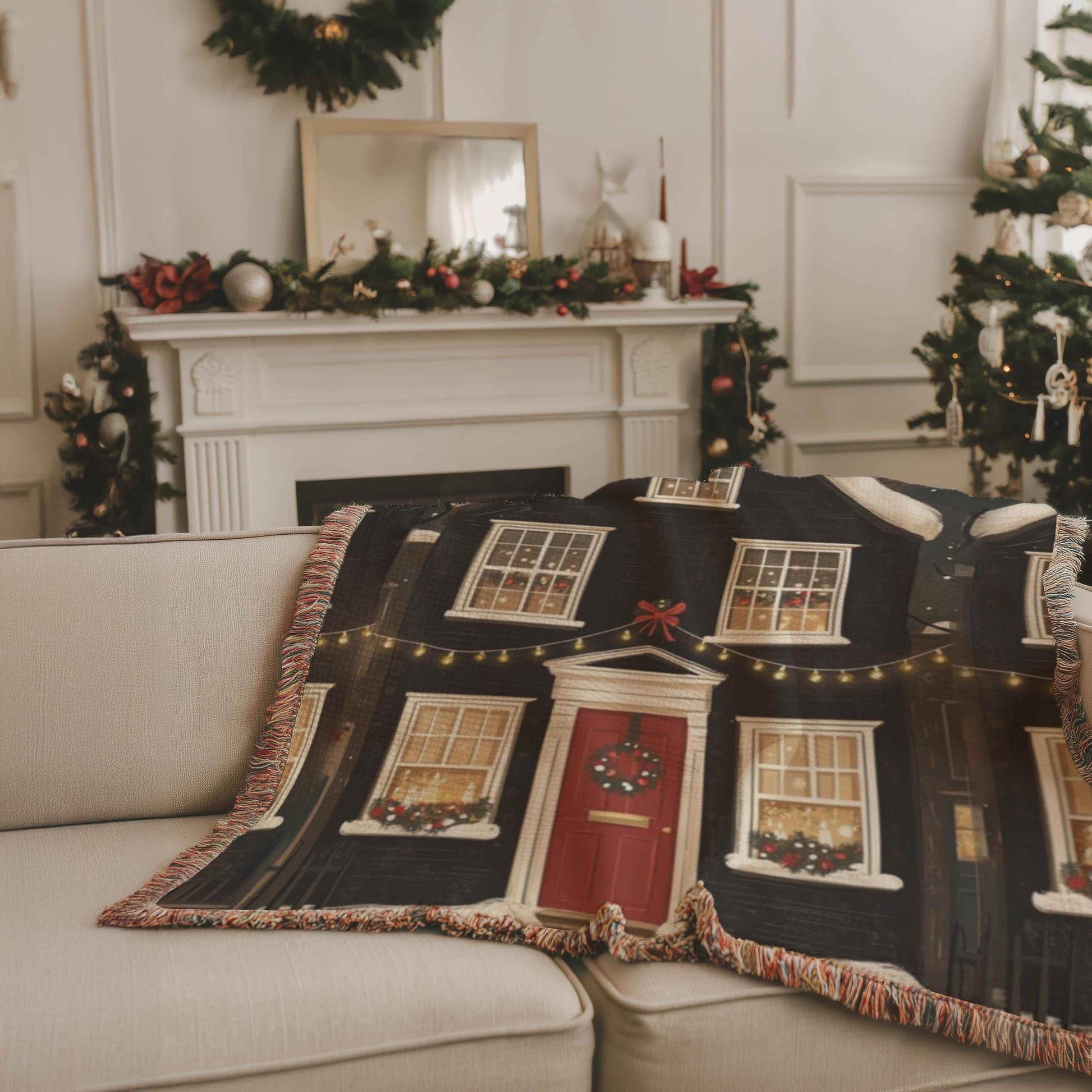 Christmas Throw Blanket – Cozy Woven Cotton Holiday Village Design Blanket - timelessbohochic.com