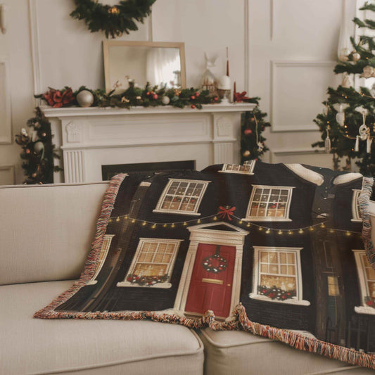 Christmas Throw Blanket – Cozy Woven Cotton Holiday Village Design Blanket - timelessbohochic.com