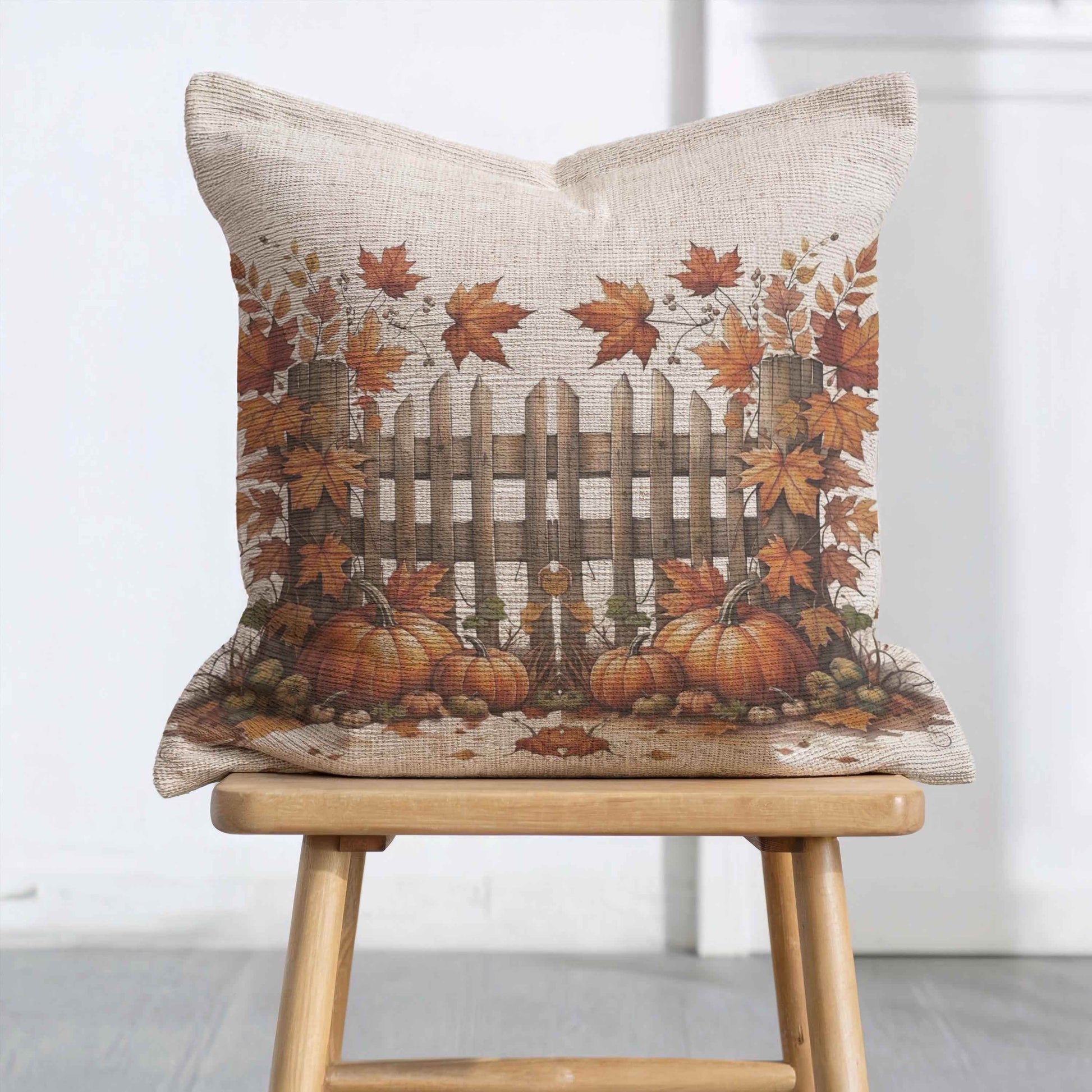 Rustic Autumn Pillow - Woven Cotton Pillow | Pumpkin Leaf Design Cushion - timelessbohochic.com