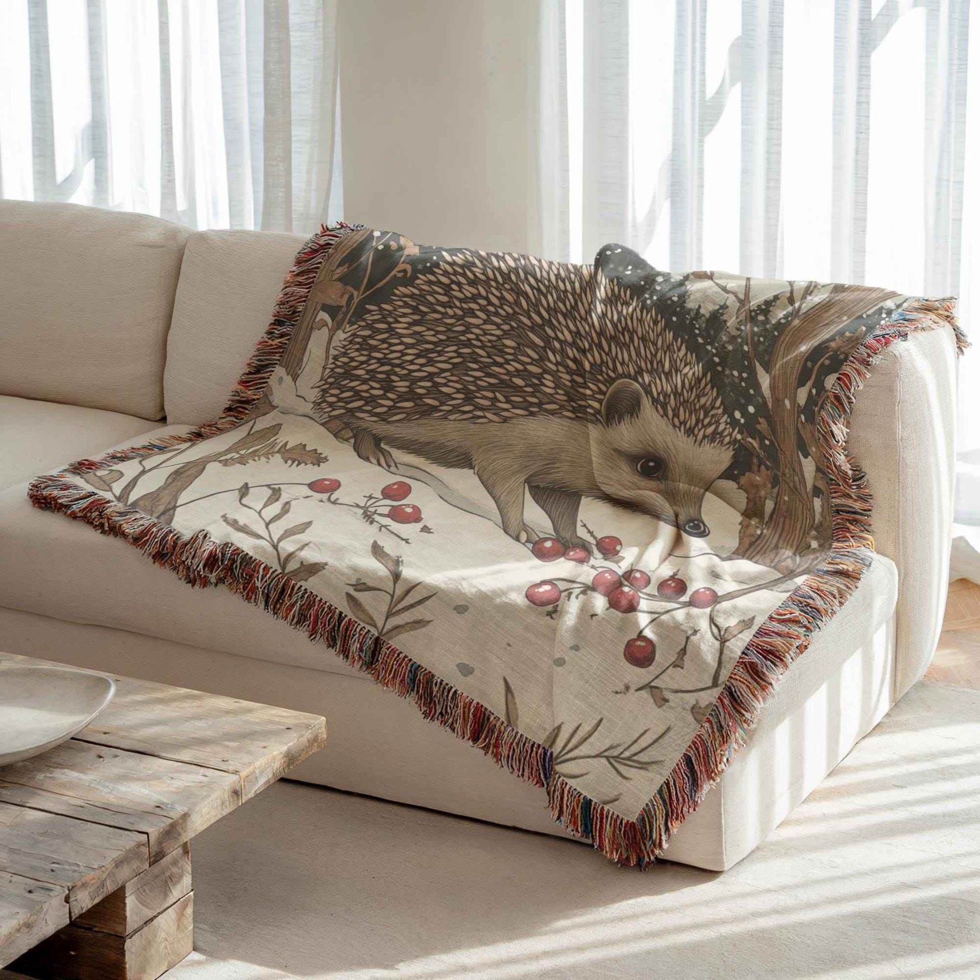 Woodland Creature Blanket - Cozy Cotton Woven Throw With Hedgehog Design - timelessbohochic.com