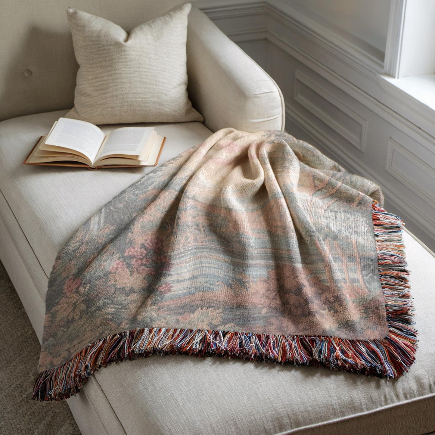 Modern Geometric woven blanket with geometric pattern styled for layered home decor
