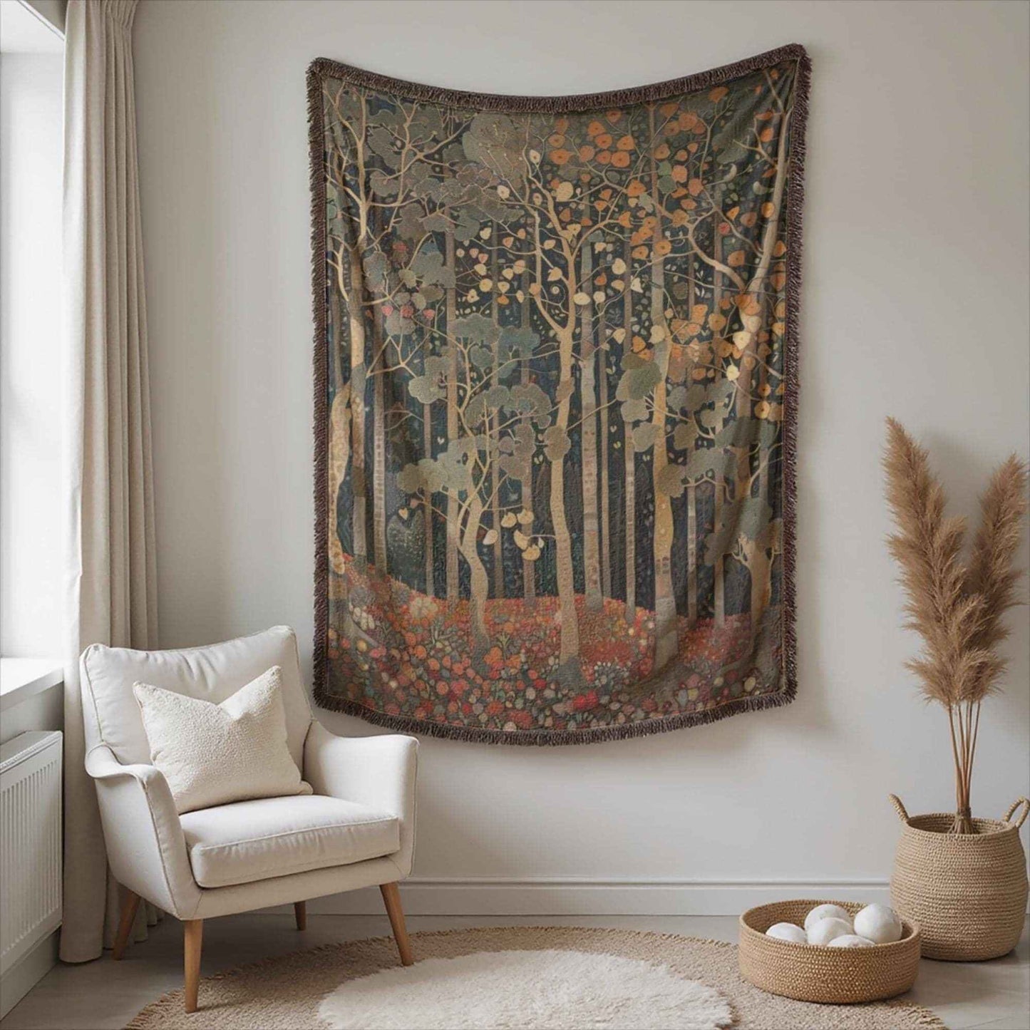 Scandinavian Inspired woven wall tapestry with rug-style pattern styled as textile wall decor