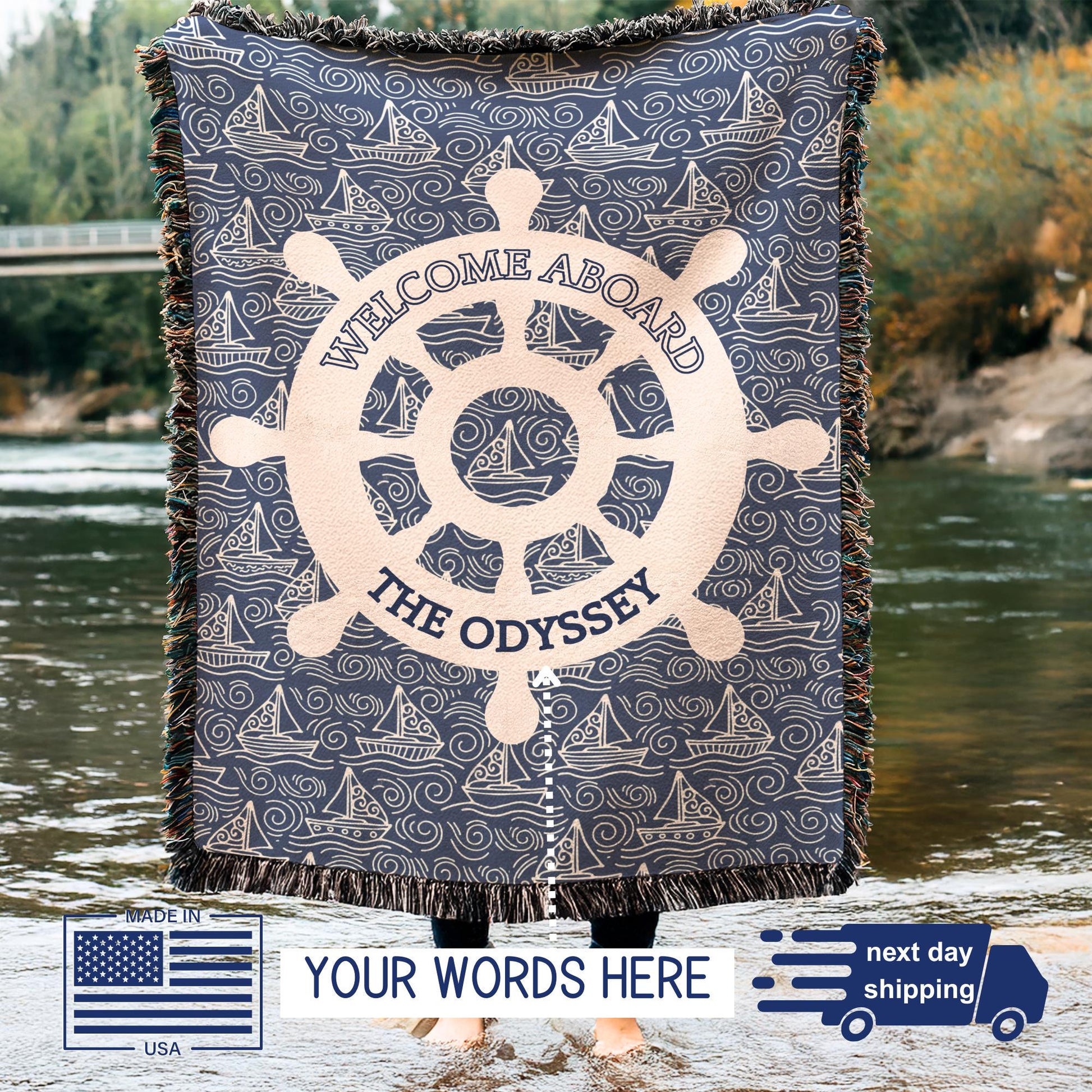 Nautical Woven Blanket – Custom Boat Name Cotton Throw | Coastal Home Decor