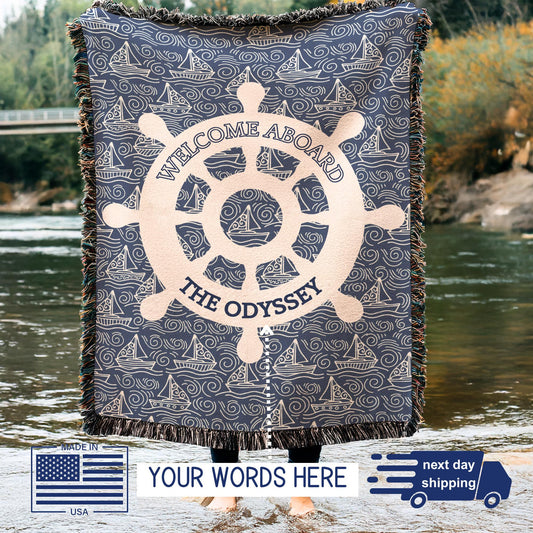 Nautical Woven Blanket – Custom Boat Name Cotton Throw | Coastal Home Decor
