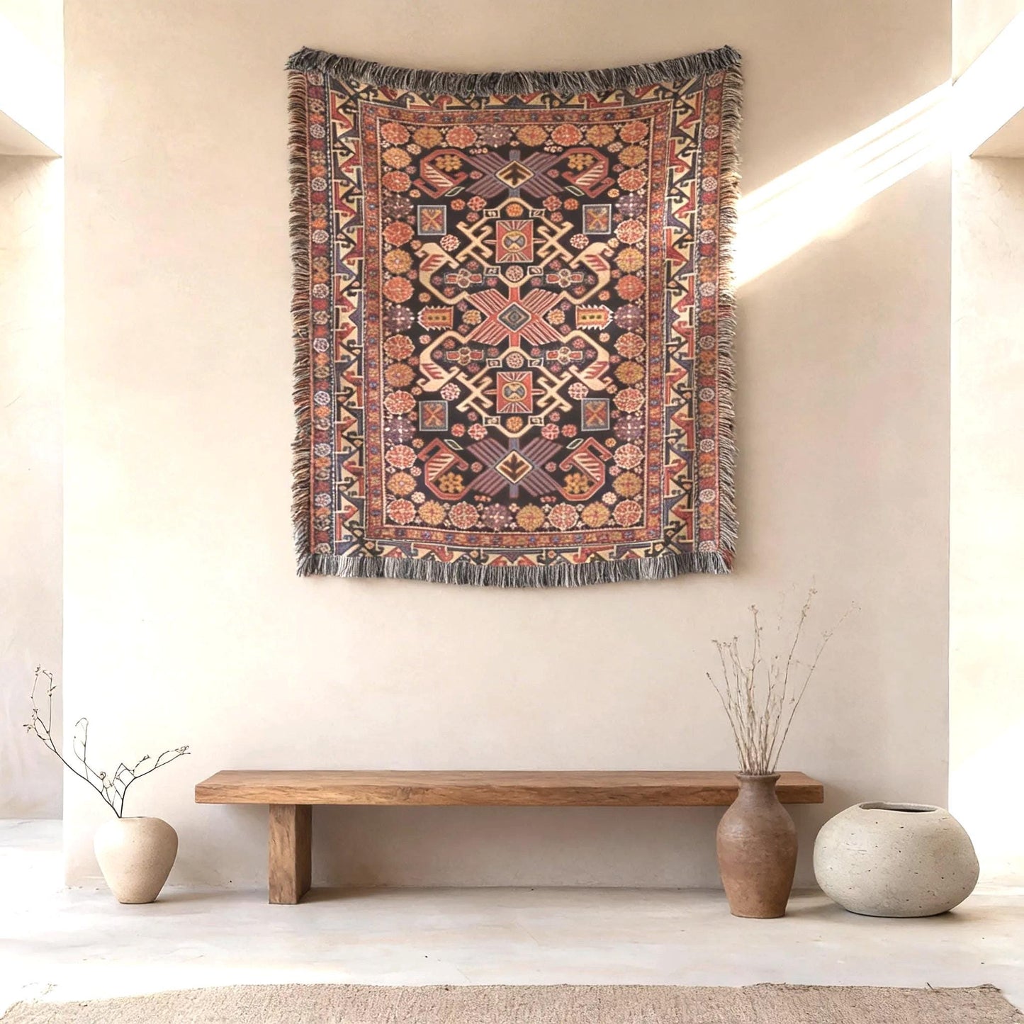 Anatolian Inspired woven wall tapestry with rug-style pattern styled as textile wall decor