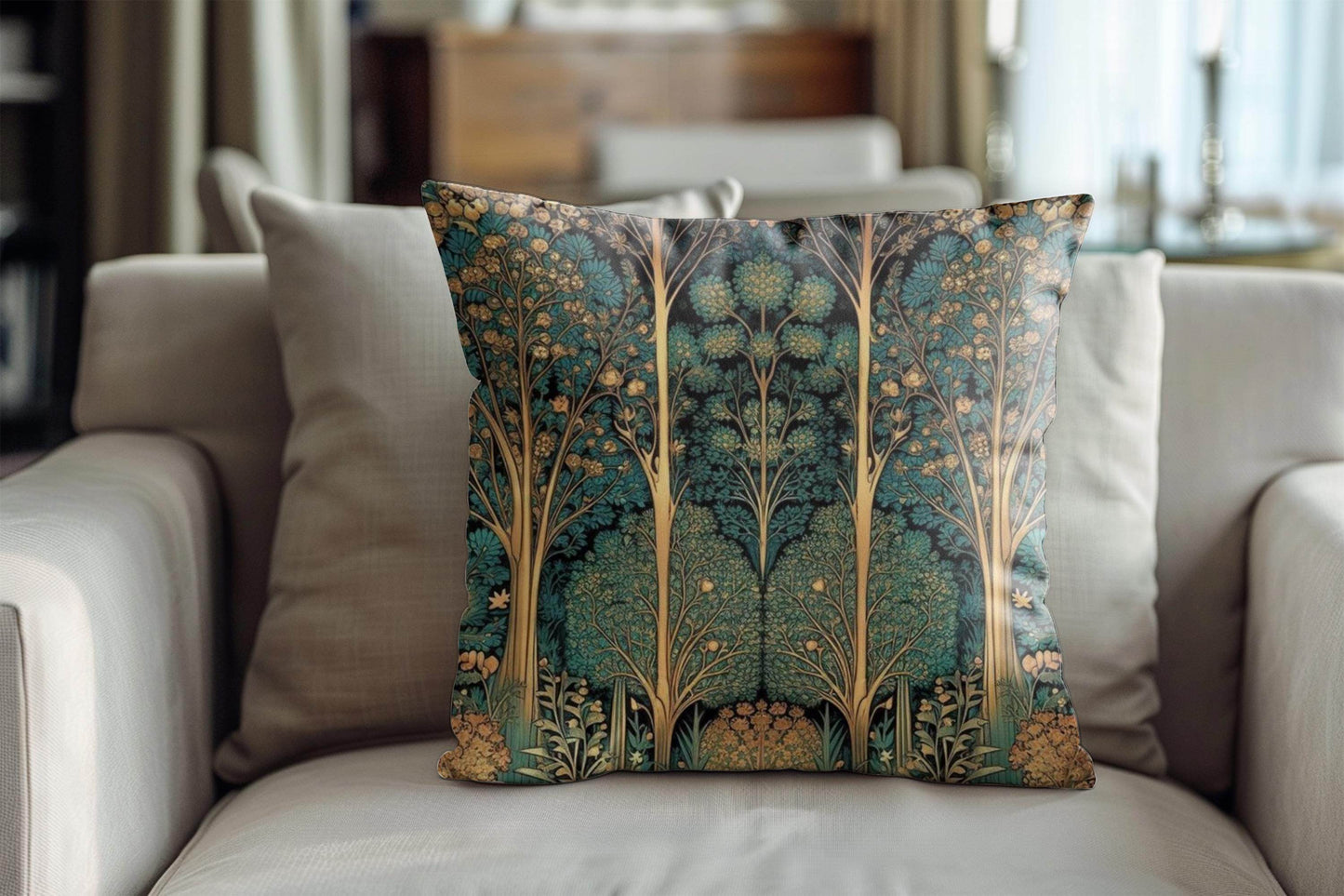 Art Deco Pillow – Woven Cotton Cushion with Insert | Elegant Forestcore Design - timelessbohochic.com
