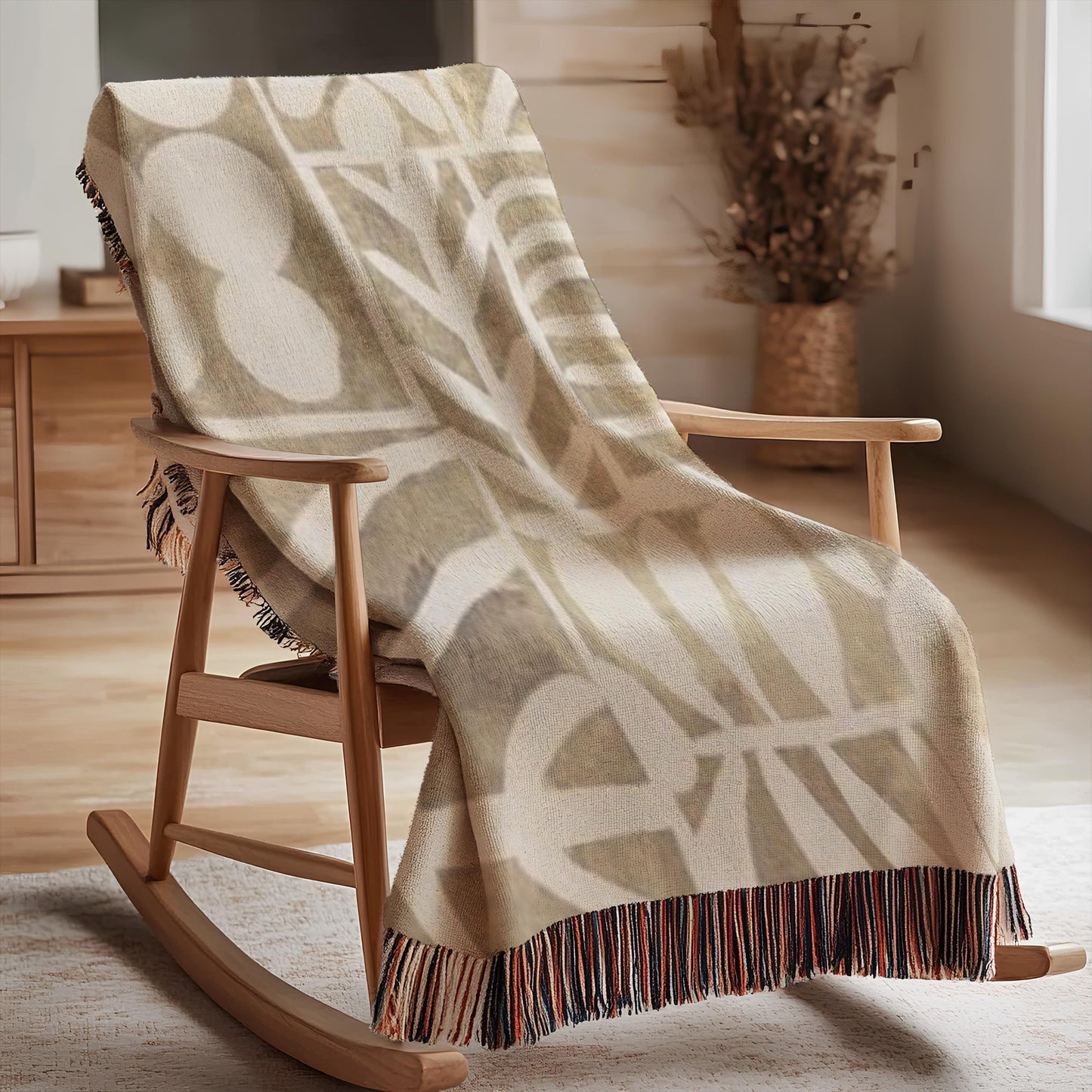 Modern Geometric woven blanket with geometric pattern styled for layered home decor