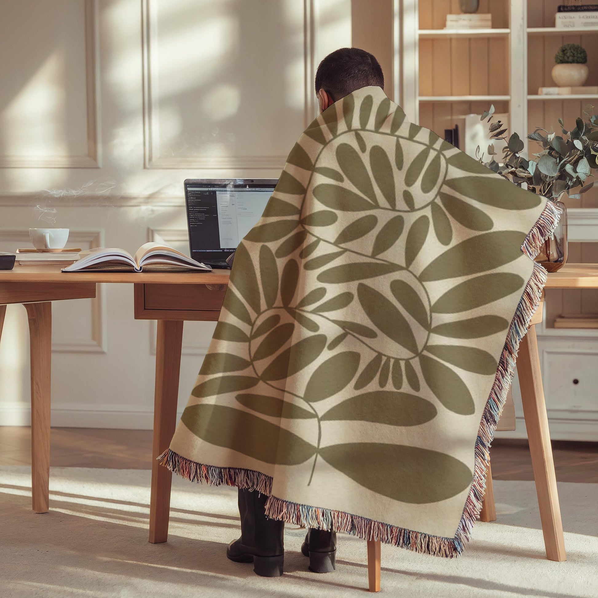 Woven Throw Blanket - Mid Century Throw With Scandi Leaves Pattern & Fringed Edge
