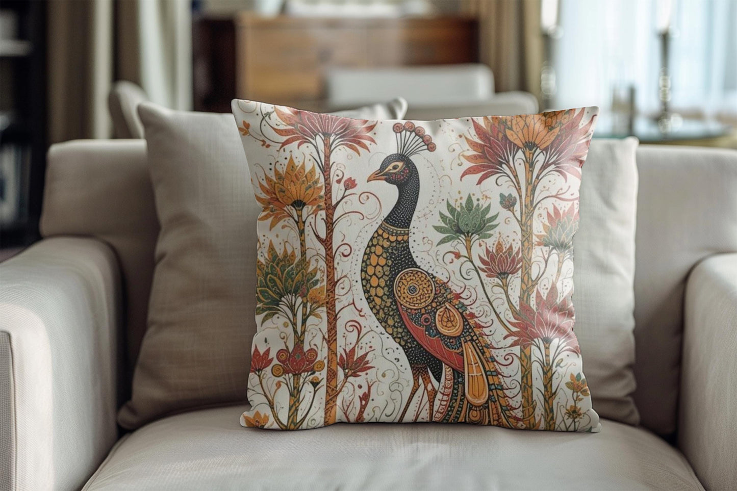 Moroccan Inspired pillow cover with woven pattern styled on a sofa or bed