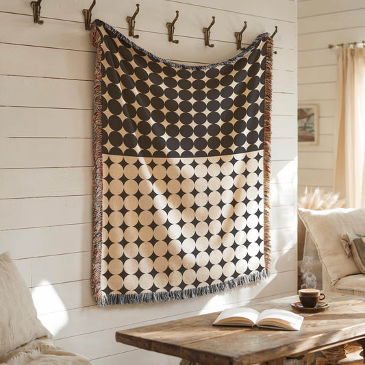 Geometric Cotton Blanket – Modern Black White Circle Throw | Cozy Woven Fabric - timelessbohochic.com