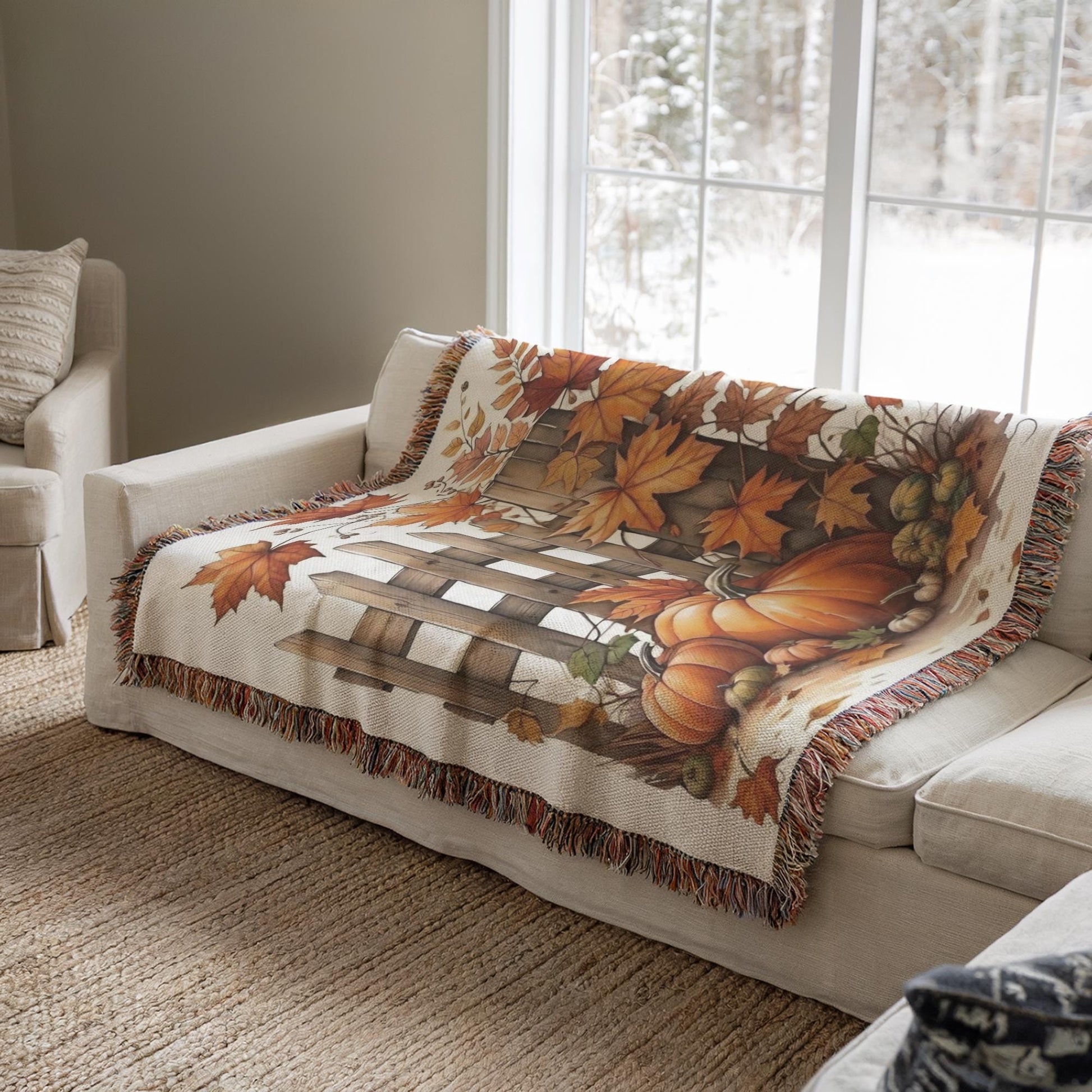 Thanksgiving Couch Blanket, Fall Leaves Sofa Throw, Harvest Season Cover, Cotton Woven Throw, Warm Farmhouse Decor, Thanksgiving Gift Idea