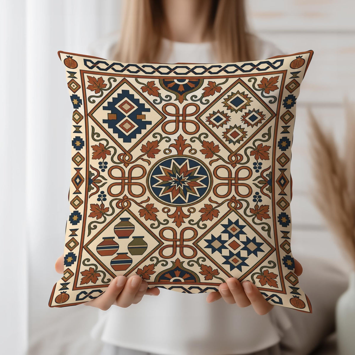 Kilim-style rust and teal pillow held up, showing the full geometric pattern
