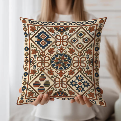 Kilim-style rust and teal pillow held up, showing the full geometric pattern